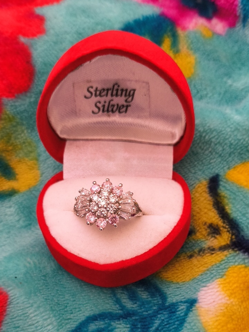 Adorable Pink & White Topaz Sterling Silver Ring Size 8